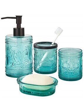 4PCs Teal Blue Glass Bathroom Accessories Set with Decorative Pressed Pattern